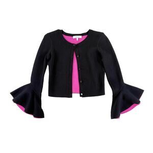 MILLY Tulip Sleeve Cardigan Women XS Black Pink Cropped Designer Sweater Dressy